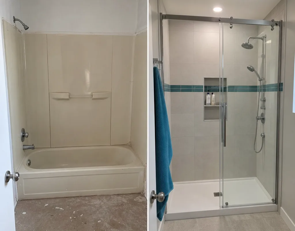 Older tub surround replaced by a tiled shower and glass door in the same footprint