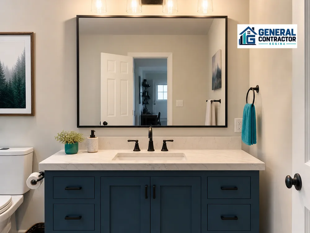 Finished bathroom vanity wall with aligned mirror, lighting, and plumbing fixtures