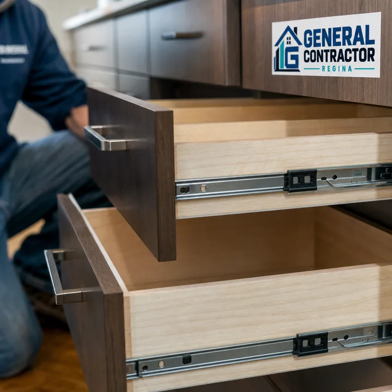 Close-up of square cabinet drawer boxes, soft-close slides, and evenly aligned hardware