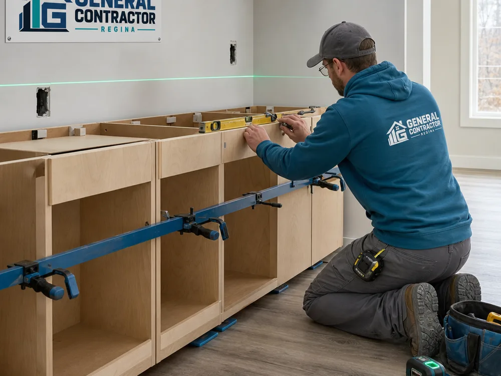Installer levelling and fastening base cabinets using shims, clamps, and a laser level