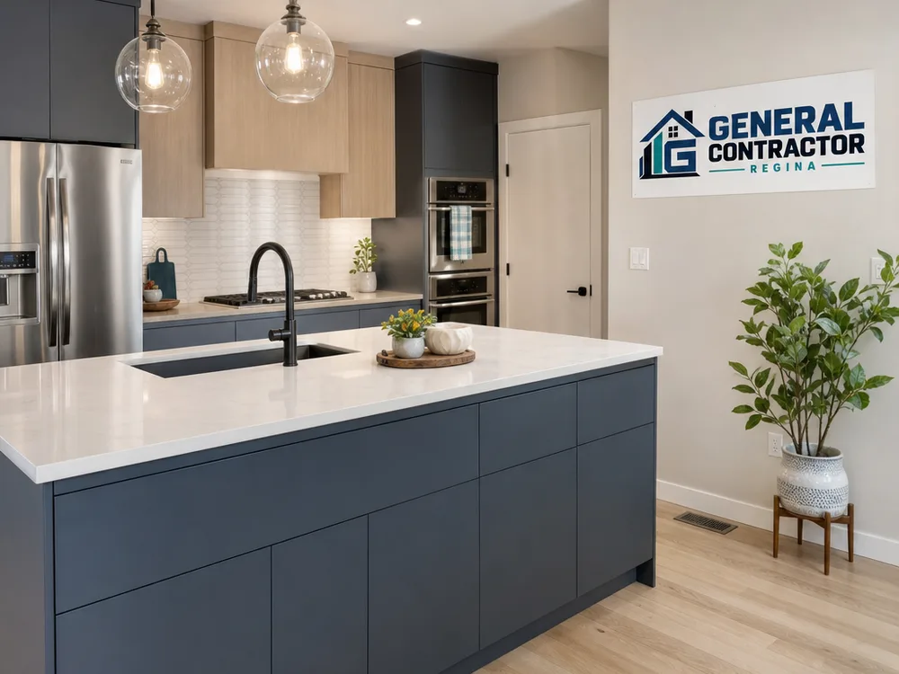 Modern flat-panel kitchen island with minimal hardware and consistent panel reveals
