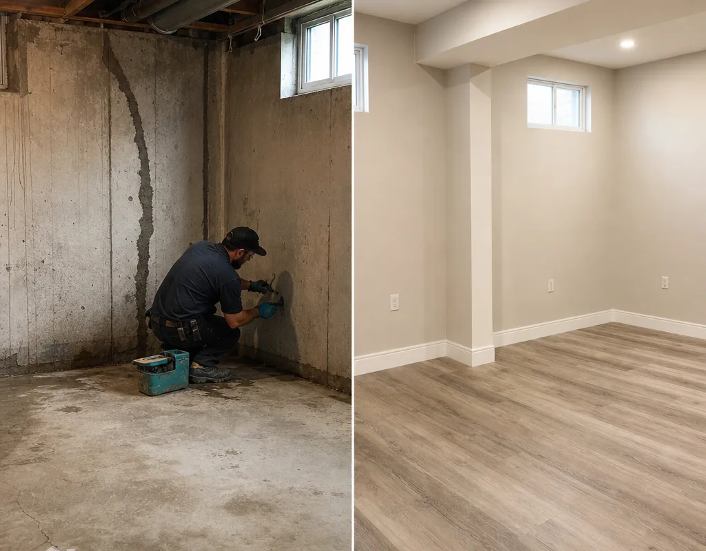 Unfinished concrete basement corner shown beside the same area after framing, drywall, flooring, and recessed lighting