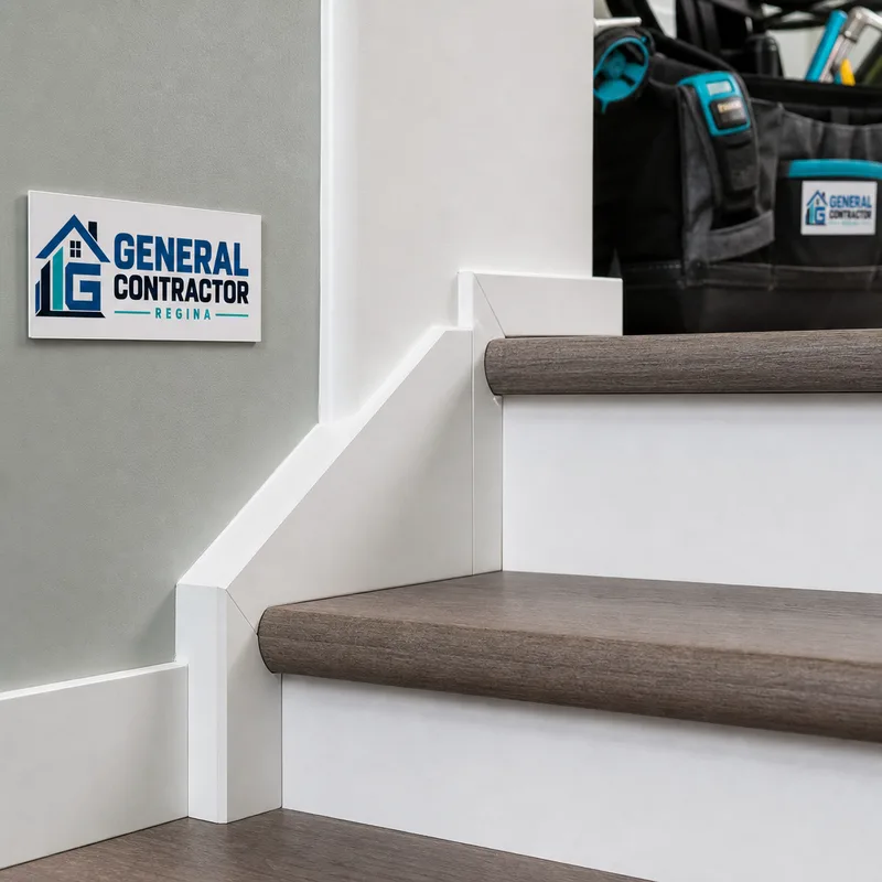 Clean trim and stair finishing at a basement landing with crisp miters, consistent paint lines, and durable tread nosing