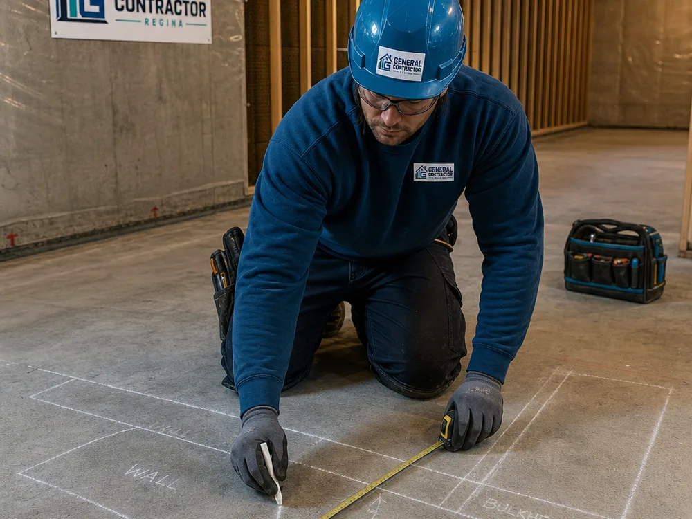 Contractor marking a basement layout on the concrete floor with planned walls, door swings, and bulkhead locations