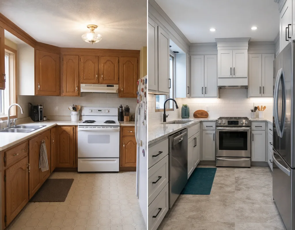 Before and after view of a dated Regina kitchen updated with new cabinetry, counters, and task lighting
