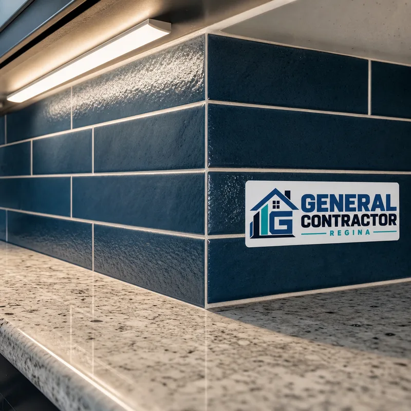 Kitchen backsplash and countertop corner with clean cuts, tight grout lines, and under-cabinet lighting