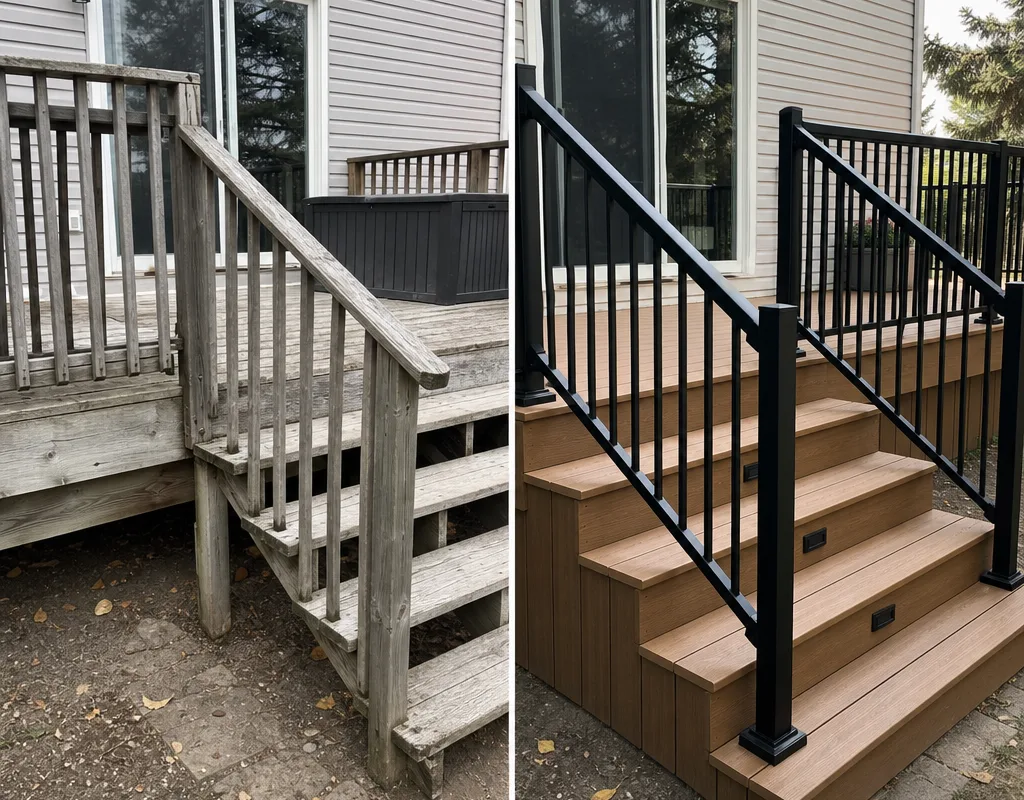 Before and after view of a weathered deck replaced with new stairs and railing