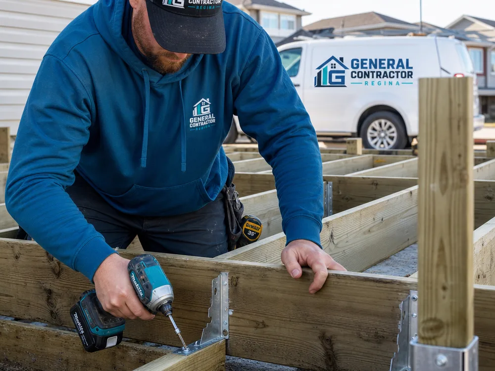 Residential deck framing with joists, beams, metal connectors, and properly set posts