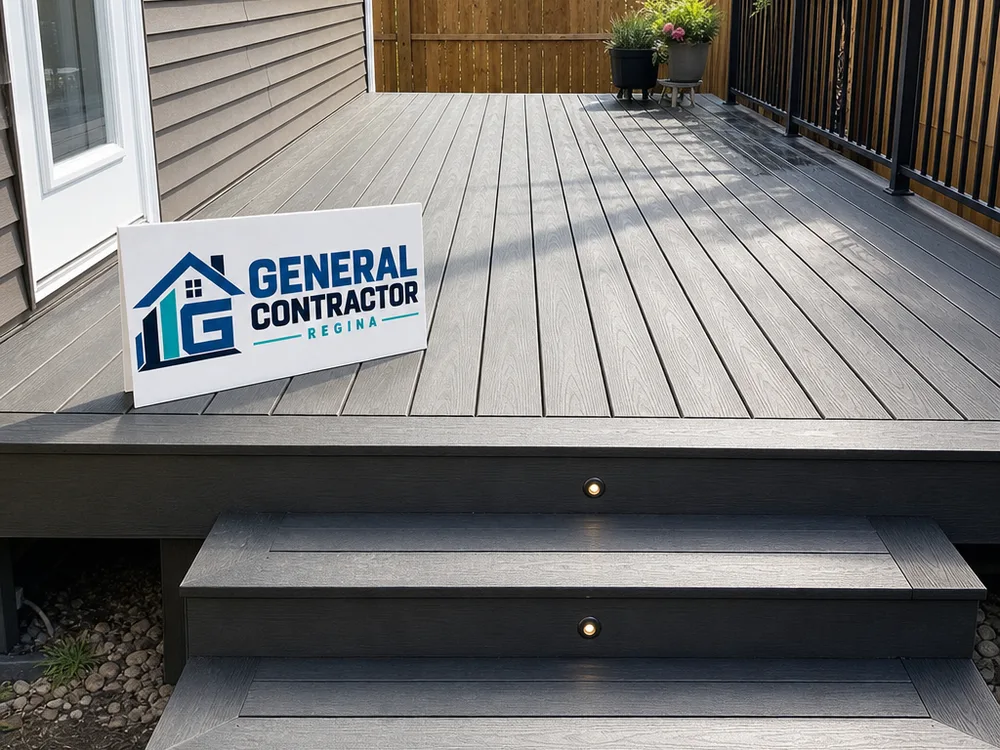 Finished deck surface with consistent board spacing, straight borders, and a clean stair transition