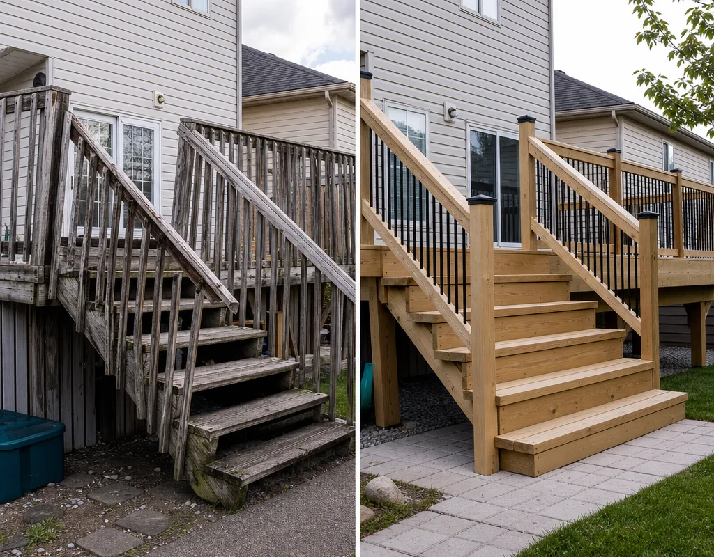 Aging sagging wood deck replaced with a straight new structure, sturdy stairs, and compliant guard rails