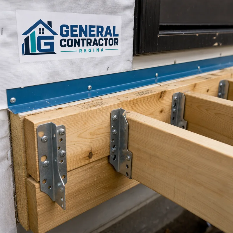Deck framing with joist hangers, ledger flashing, code-appropriate connectors, and clean fastener placement
