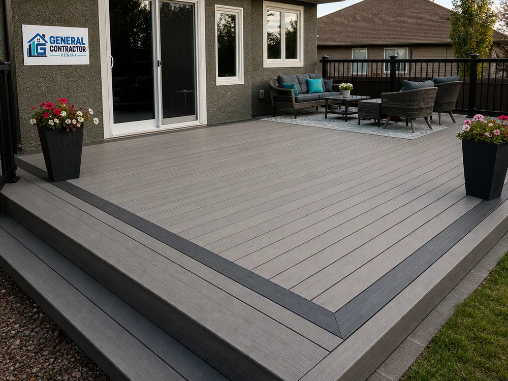 Completed composite deck with picture-frame border, mitered corners, and consistent board spacing in a Regina backyard