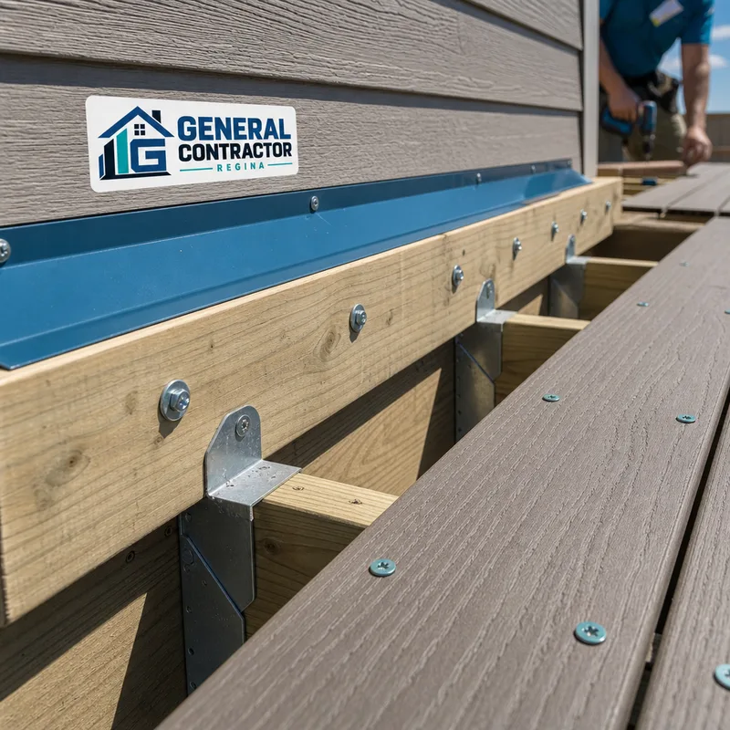 Deck ledger connection with metal flashing, joist hangers, properly spaced boards, and corrosion-resistant fasteners
