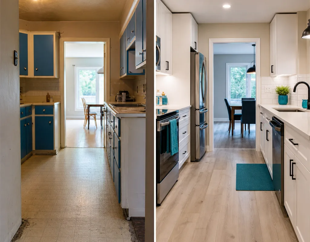 Before-and-after of a Regina kitchen with updated cabinetry, lighting, and flooring transitions