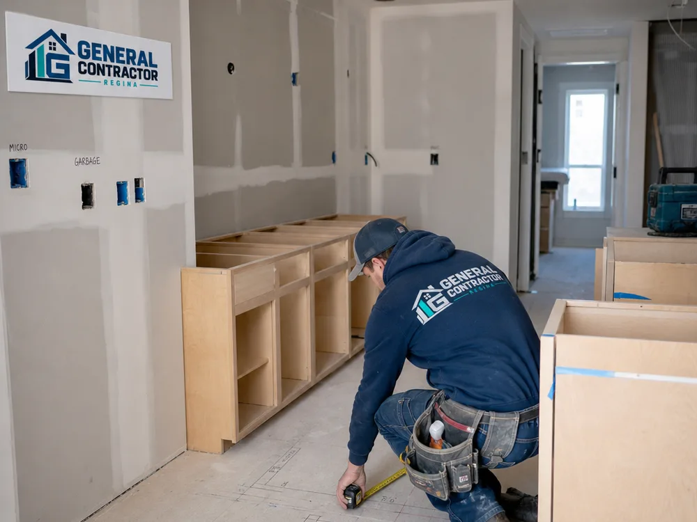 Renovation workspace with measured floor layouts, cabinet boxes, and labelled electrical cutouts
