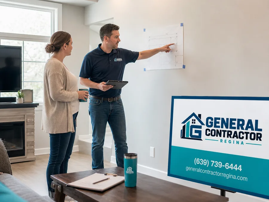 A general contractor meeting a homeowner in a Regina living room to review renovation plans